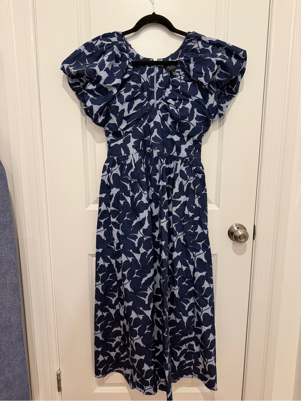 J. Crew Navy and light blue Floral Puff-Sleeve Midi Dress
